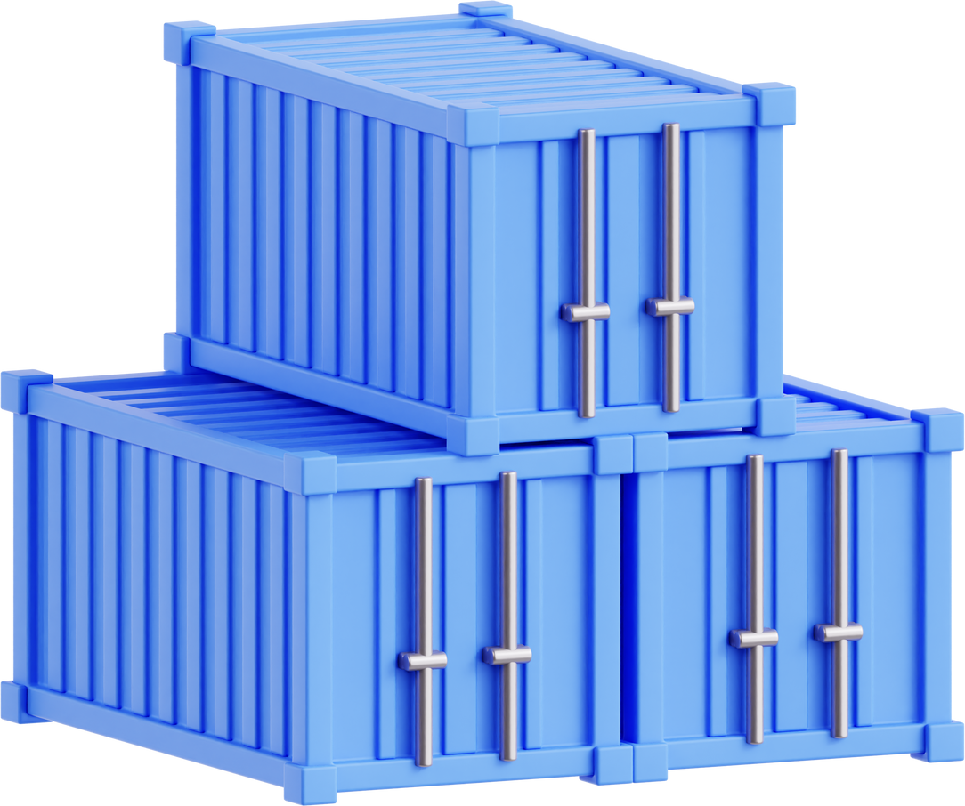 Three blue shipping containers stacked like a triangle with a Buy Now sign hanging from the top one